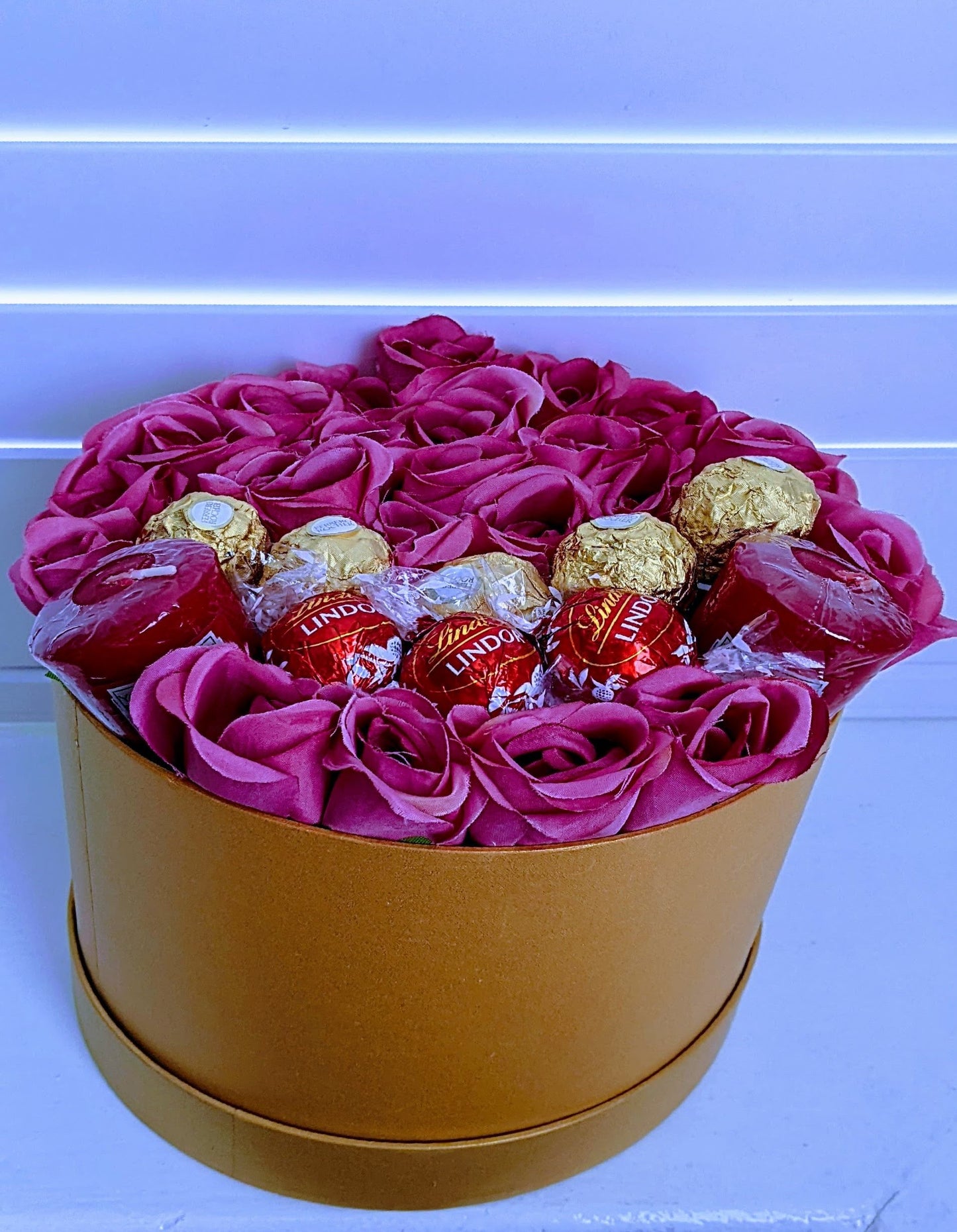 Elegant Hat Box Florals,Candles, & Ferrero & Lindt