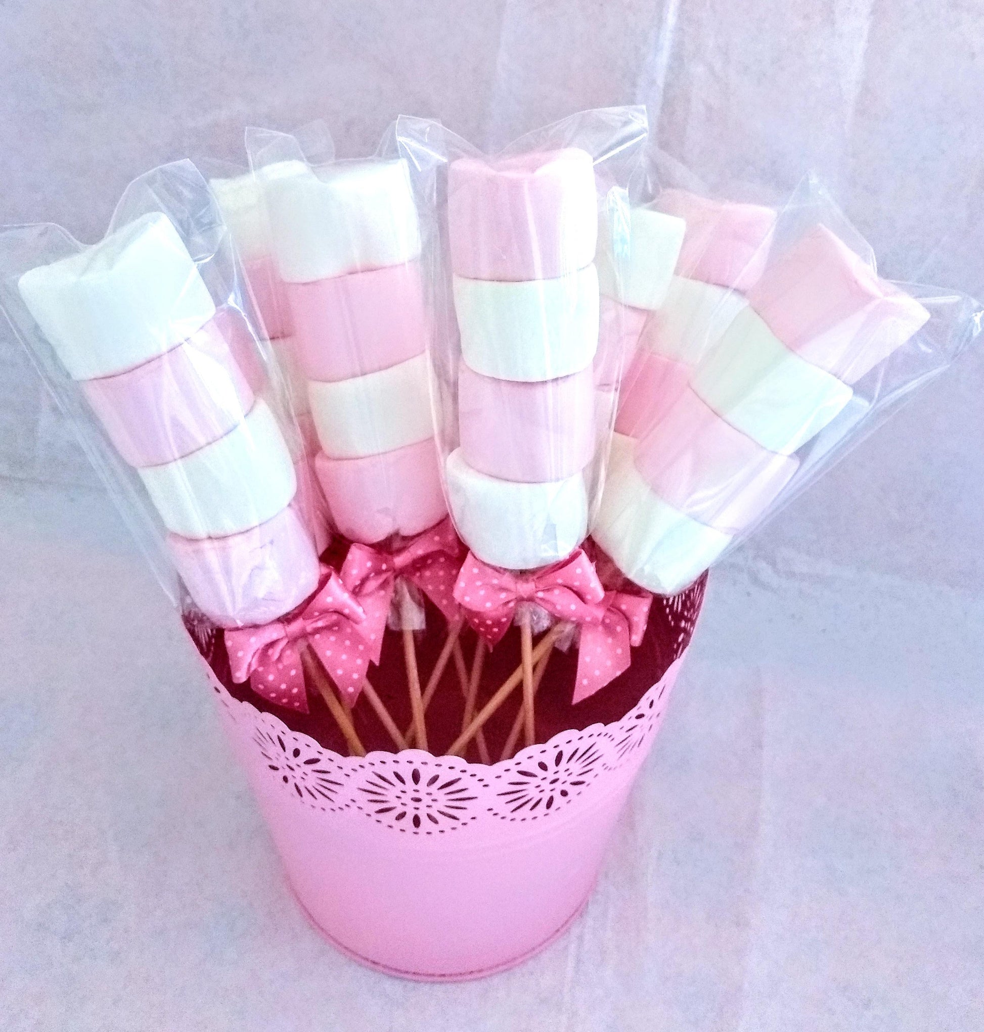 Pink and White Marshmallow Kebabs with personalised message in UK