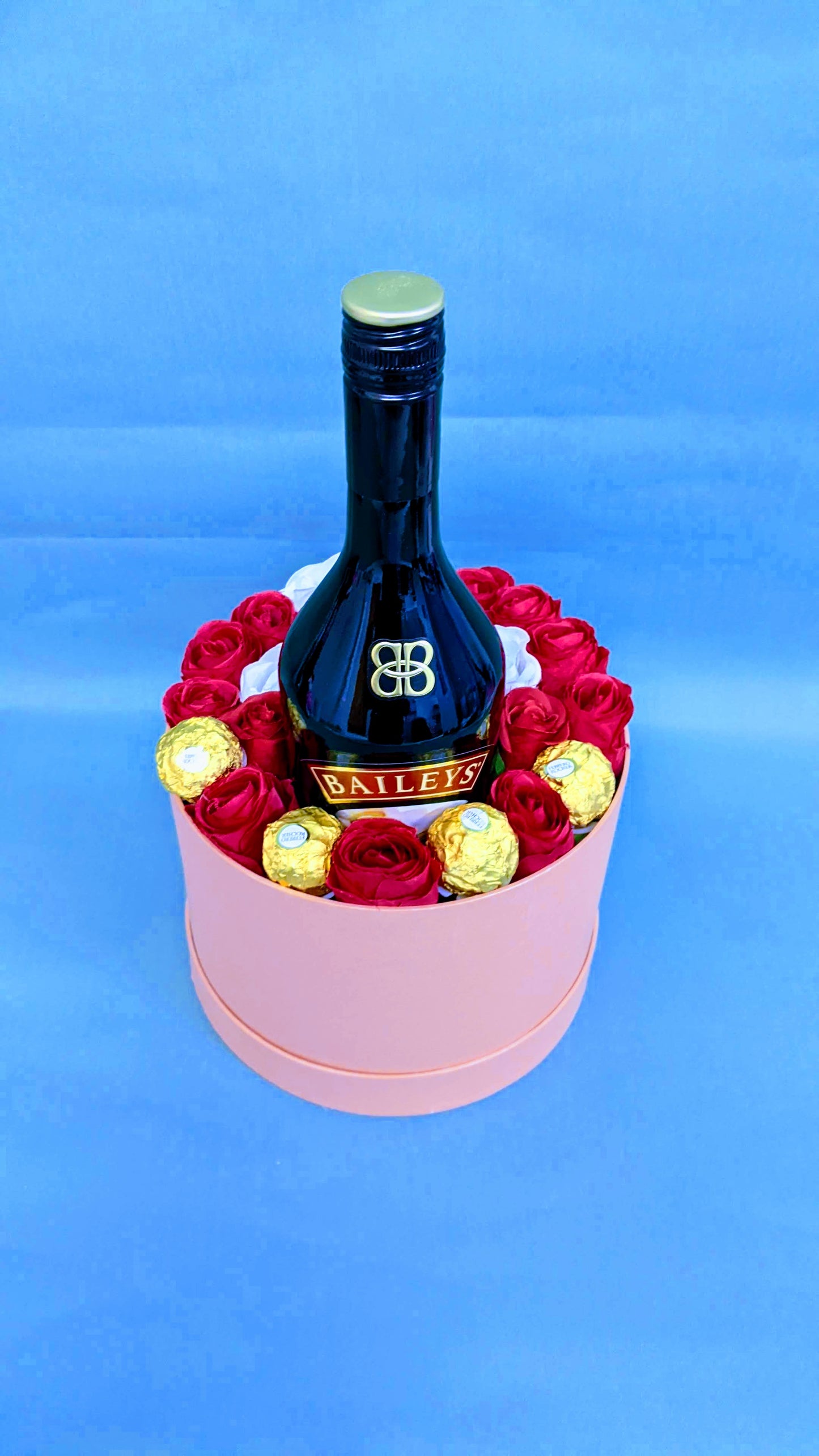 Luxury Hat Box with Bailey's Irish Cream, Silk Roses & Ferrero Rocher