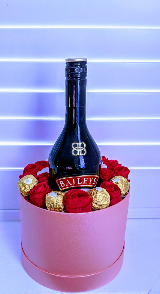 Luxury Hat Box with Bailey's Irish Cream, Silk Roses & Ferrero Rocher