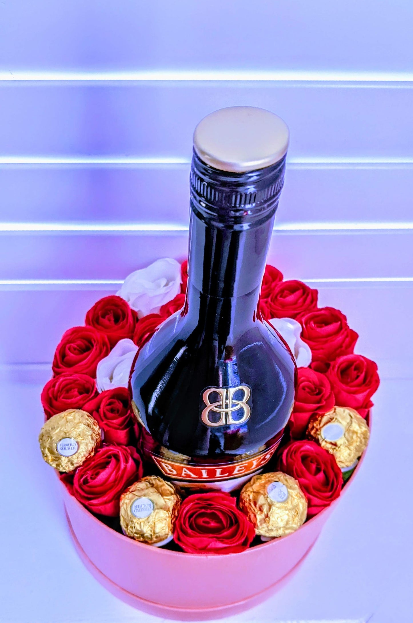 Luxury Hat Box with Bailey's Irish Cream, Silk Roses & Ferrero Rocher
