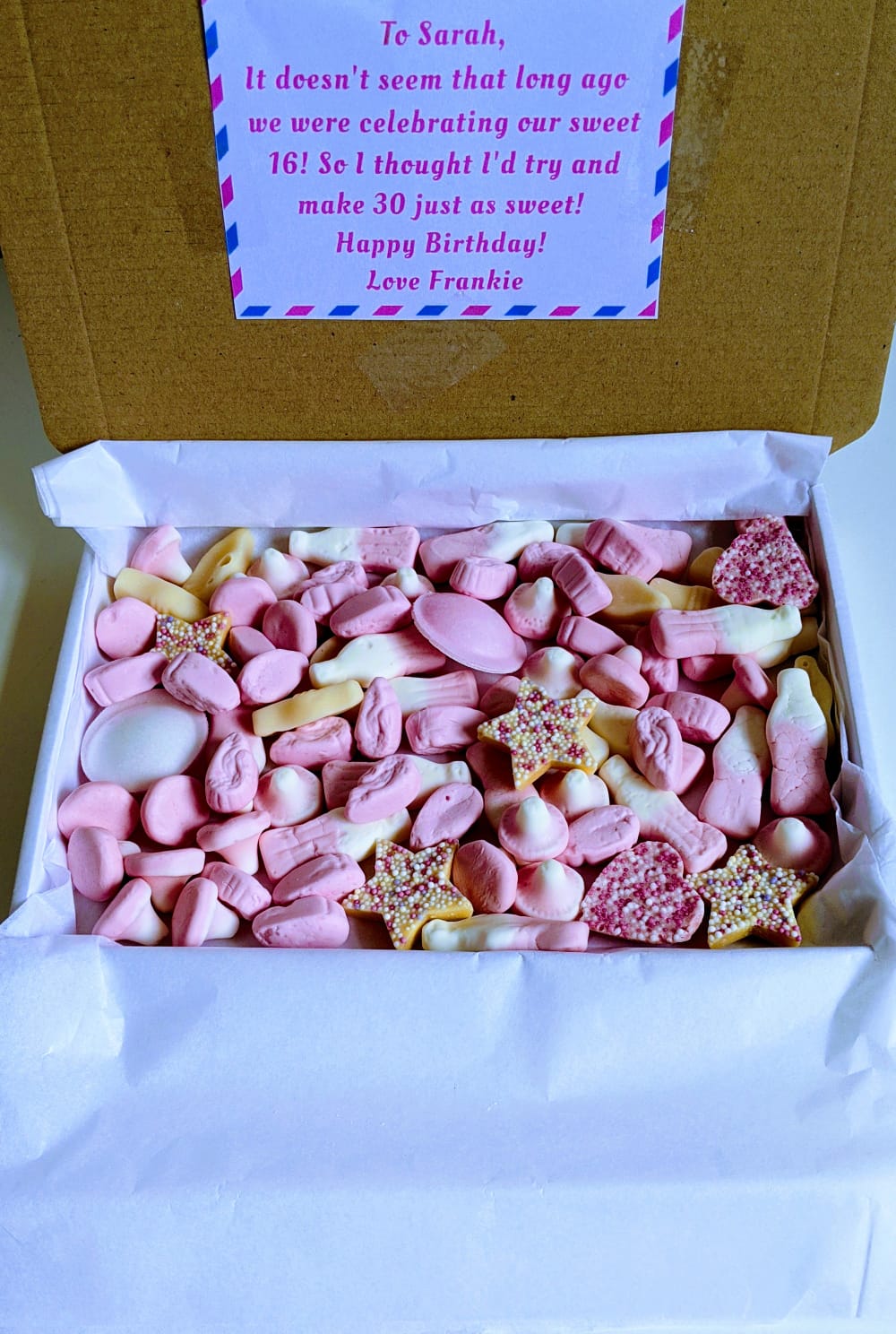 Buy pink themed mix sweets with personalised message in UK